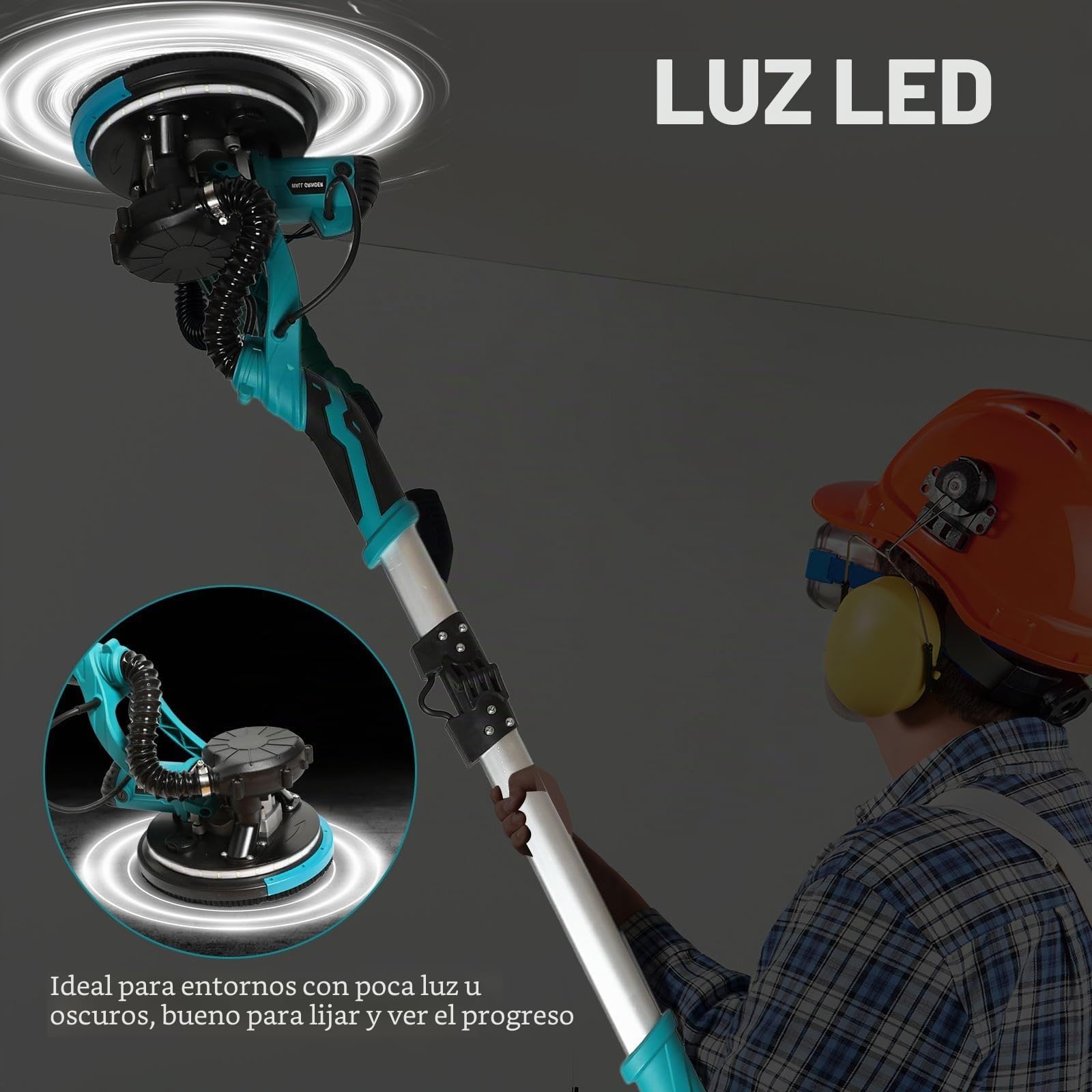 Lijadora de jirafa, 1250 W, lijadora de pared y techo, con aspirador para jirafas, construcción en seco, 1800 rpm, iluminación LED, mango telescópico, para principiantes/trabajo profesional de lijado