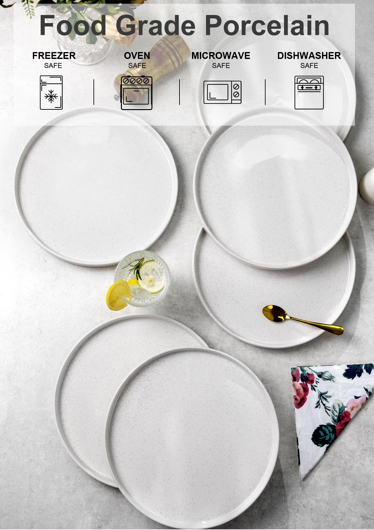 Nucookery Juego de 6 platos llanos de cerámica de 10 pulgadas, platos redondos de postre para cocina, microondas, horno y lavavajillas, resistentes a los arañazos, blanco moteado