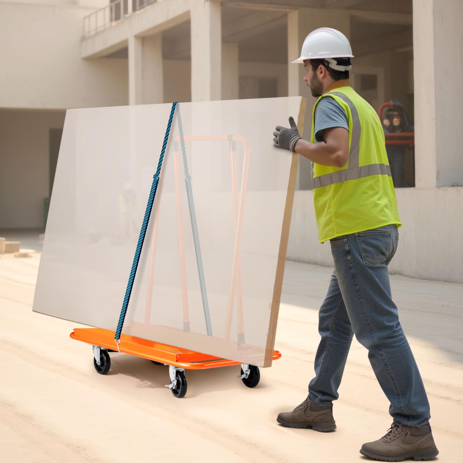 VEVOR Carrello per Pannello Cartongesso, Carico 816 kg in Acciaio con Ruote Girevoli, Durevole e di Lunga durata, Carrello con Cinghia di Fissaggio per Compensato, Cartongesso, Vetro, Arancione