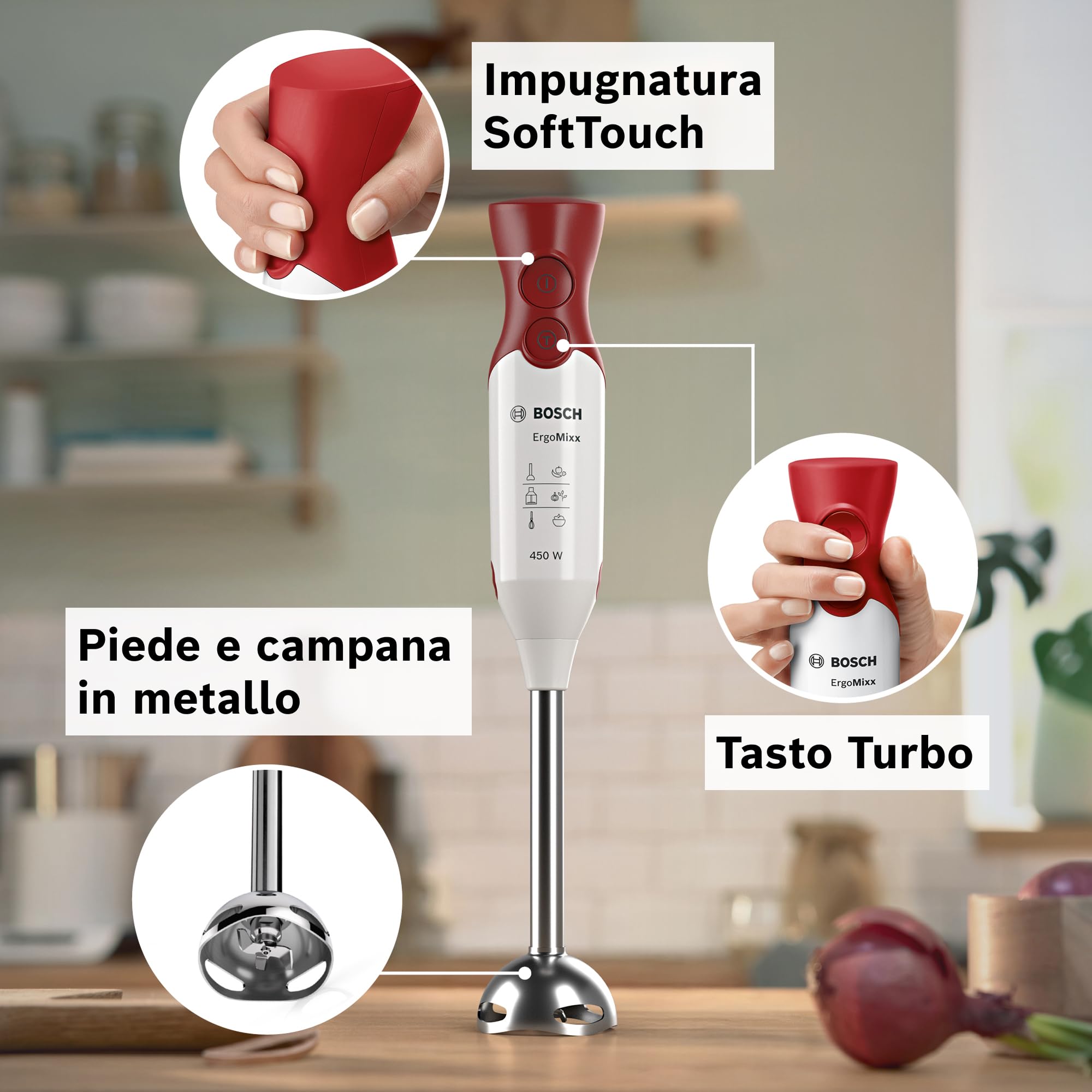 Bosch Frullatore a Immersione MSM64110, 450 W, Impugnatura Ergonomica, Piede in Acciaio Inox, Lama a 4 ali Acciaio Inox, Due Livelli di Velocità, Pratico Bicchiere Graduato Incluso, Bianco, Rosso