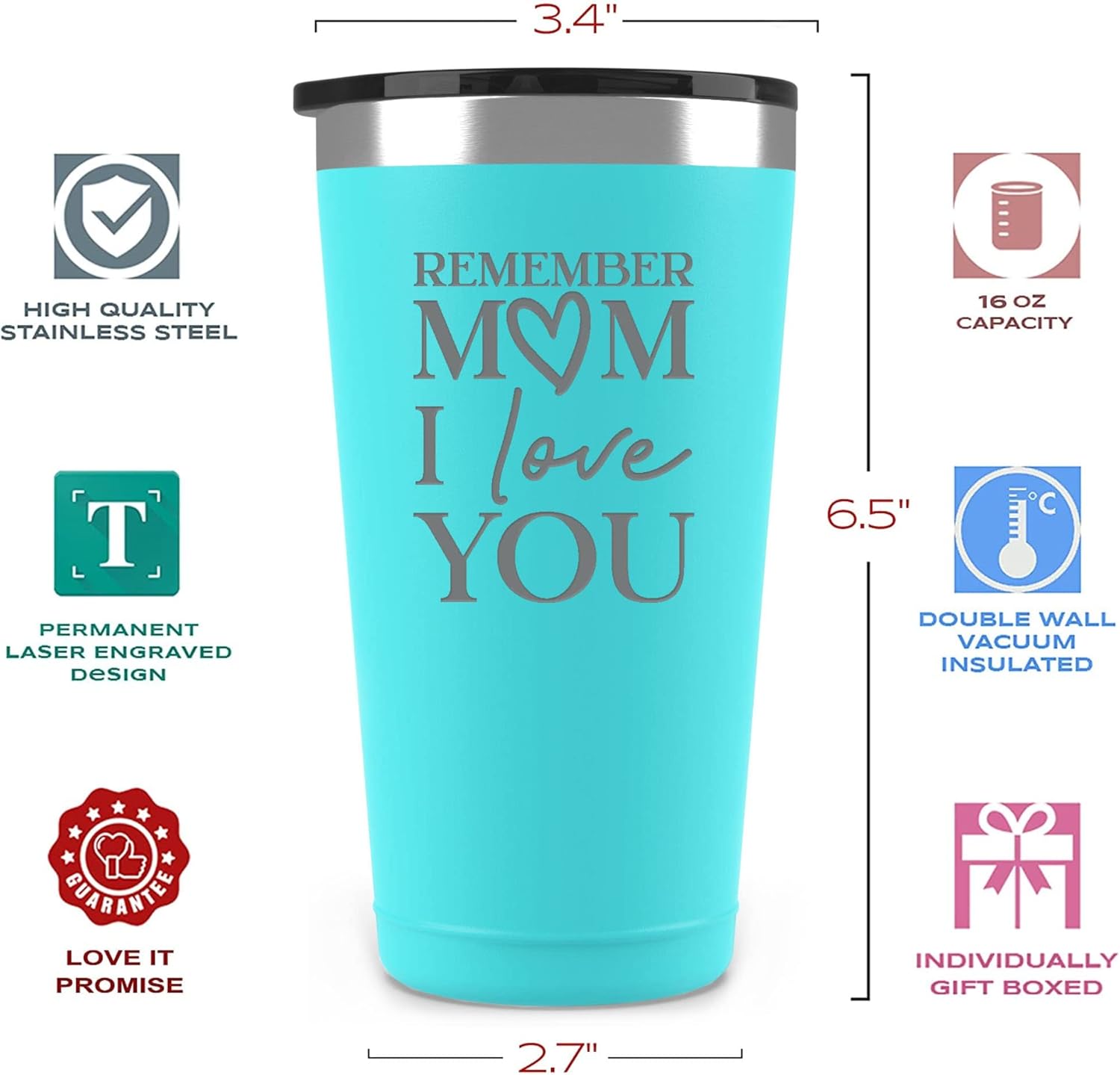 Flash Deals - 60% OFF Gifts for Mom - Remember Mom I Love You 16 oz Mint Tumbler - Mom Birthday Gifts for Mom From Daughter - Happy Bday Mothers Day Christmas Gifts Madre Present Ideas from Daughter Son Kids