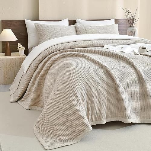 Miniatura 17 de Sanracie Colcha de Algodón King de Gran Tamaño (128"x120"), Juego de Edredón Caqui de Gofre de 3 Piezas, Suave y Ligero, Juego de Ropa de Cama King