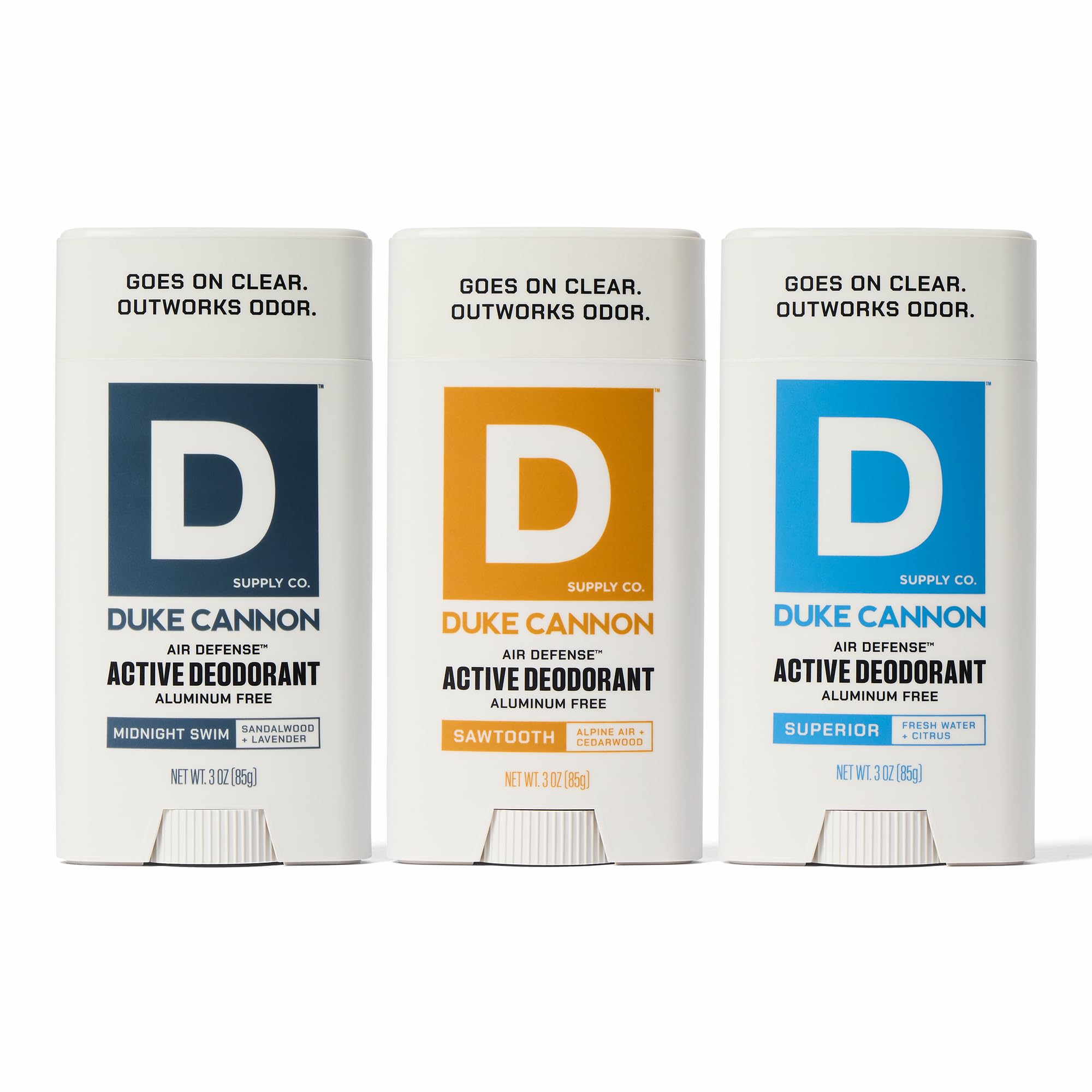 Duke Cannon Air Defense Active Deodorant Aluminum Free, 3x Protection, Aloe Vera & Vitamin E, 3 oz – Midnight Swim, Sawtooth, Superior (Pack of 3)