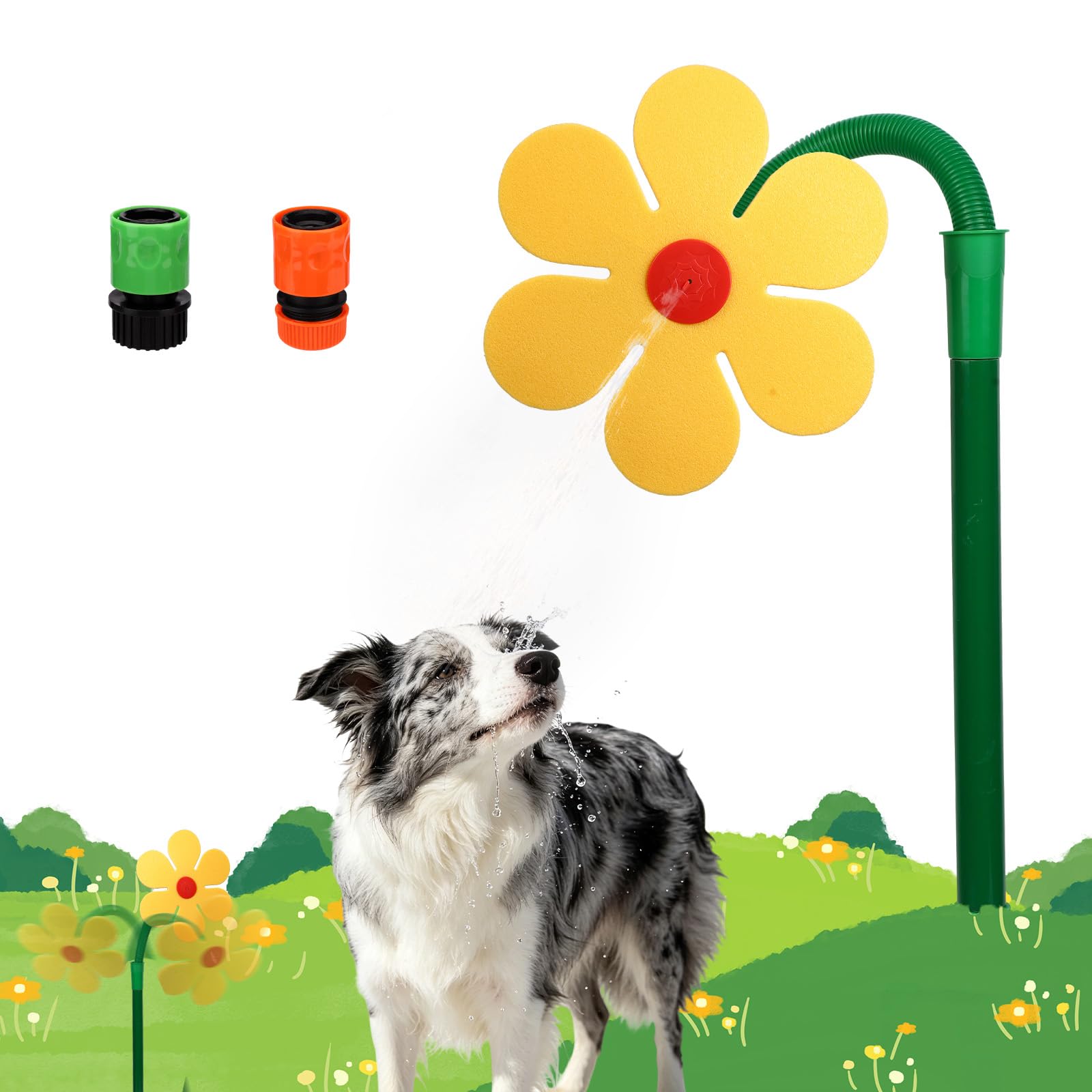 Daisy Flower Water Sprinkler, 360°Rotating Funny Crazy Dancing Sunflower for Lawn Yard Irrigation Outdoor Dogs Kids Shower Bathing Playing Garden with US Internal Thread & EU 1/2in Connector (Yellow)