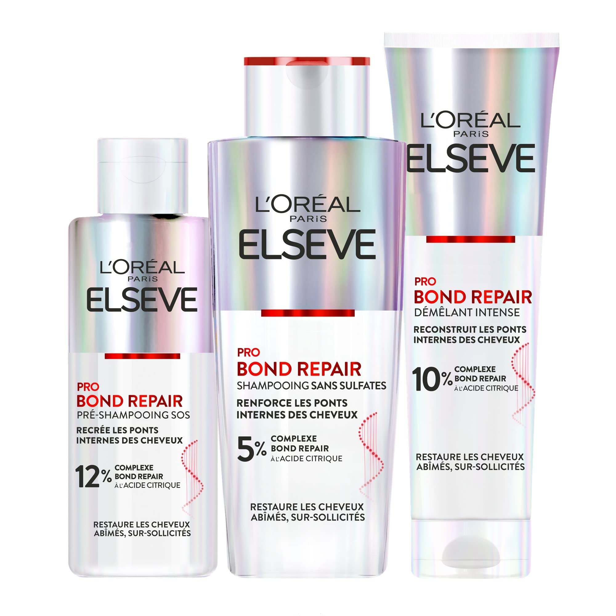 L'Oréal Paris – Tiefenreparaturprotokoll – geschädigtes Haar – Trio zur reparierenden Pflege – Vor-Shampoo + Shampoo + Entwirrung – Keratin-Behandlung – ohne Sulfate – Elseve Bond Repair Plus