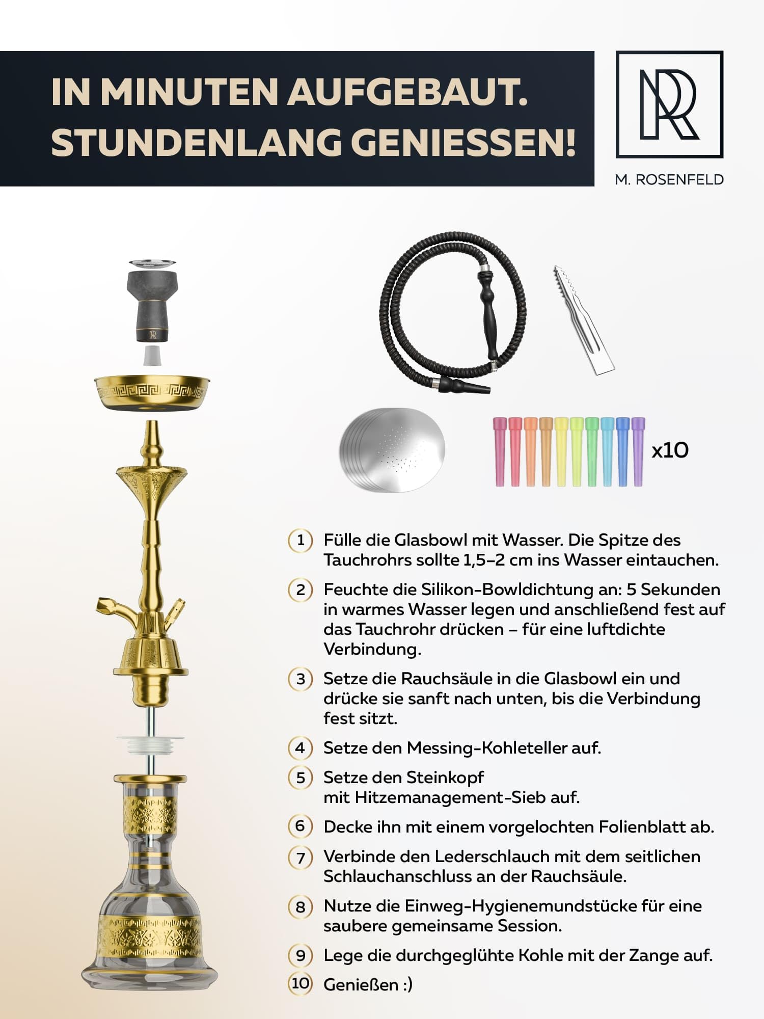 Tradi Shisha Set Komplett 59 cm Gold – Traditionelle Shisha Wasserpfeife im Koffer, Hookah Shisha Komplettset – Große Nargile Wasserpfeife Shisha für Zuhause, Party & Geschenk M. ROSENFELD
