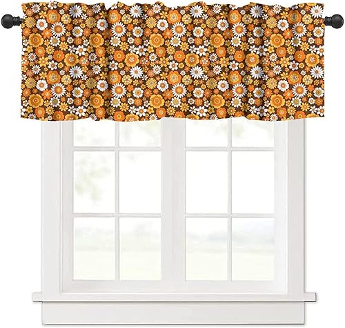 Cortinas de cenefa retro de los años 70, estilo bohemio, vintage, naranja, floral, hippie de los años 60, cenefa de cortina para cocina, comedor,