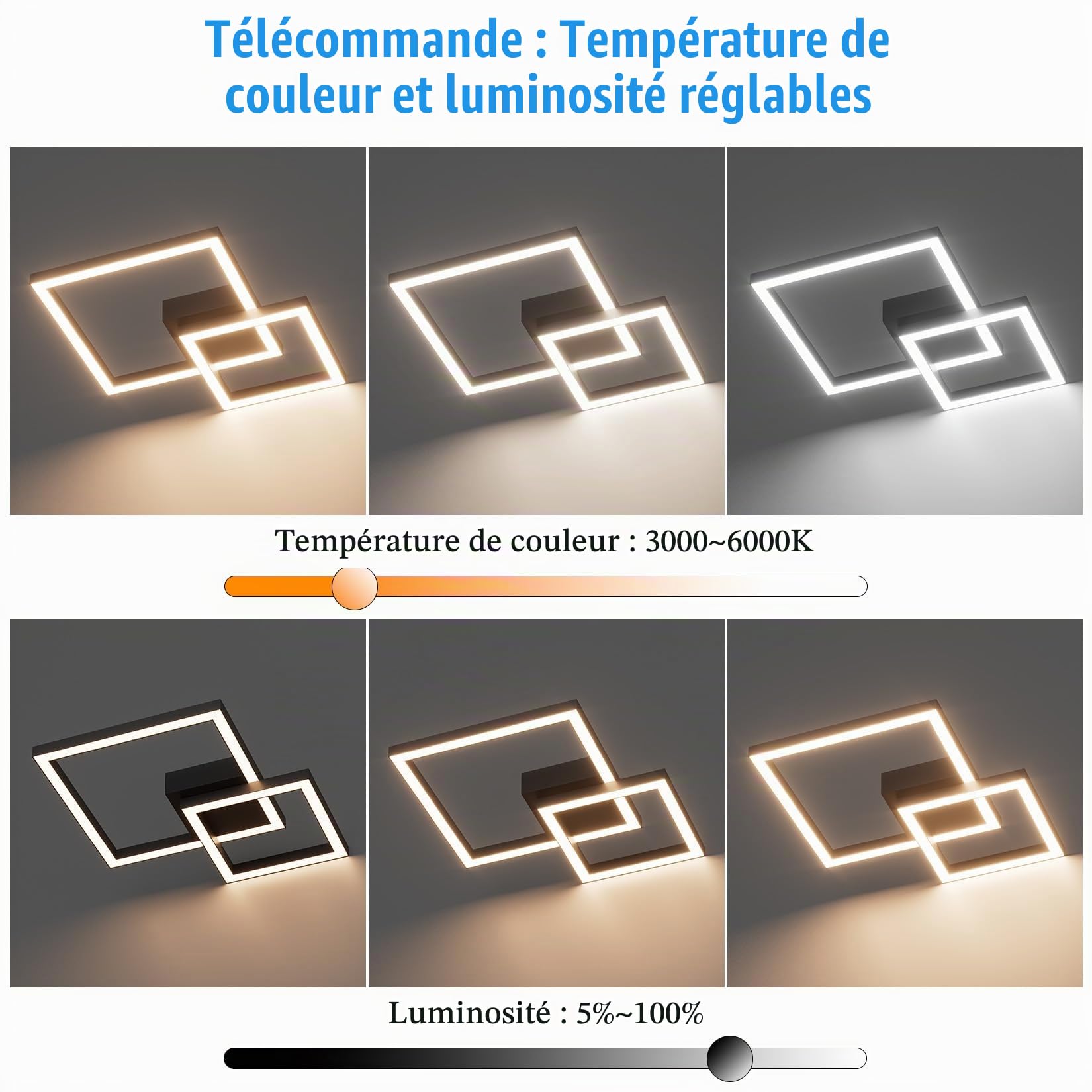 Klighten Plafonnier LED Dimmable avec Télécommande 35W Lampe de Plafond en Aluminium, Moderne Design Luminaire Plafonnier pour Salon Chambre Cuisine Couloir, 2400 LM, 3000K-6000K, Noir