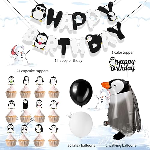 Miniatura 2 de Gejoy 48 piezas de decoración de fiesta de cumpleaños de pingüinos, incluye pancarta de pingüino de feliz cumpleaños, globos para caminar,
