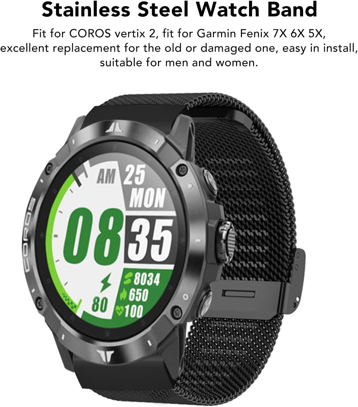Brrnoo Stainless Steel Mesh Watch Strap attached to a smartwatch