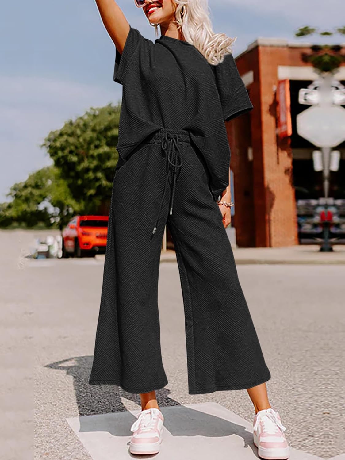 Fazortev Womens 2 Piece Outfits Sweatsuit Short Sleeve Tops and Drawstring Waist Cropped Wide Leg Pants Loungewear Sets - Image 4