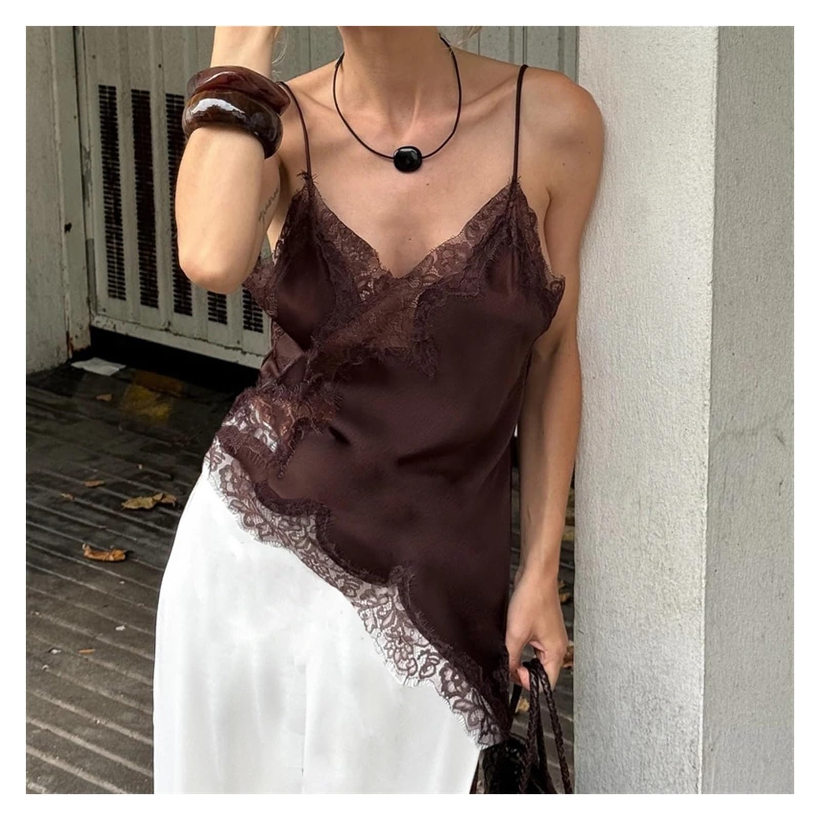Top da Donna in Raso e Pizzo Canotte da Donna con Finiture in Pizzo Satinato | Canotta in seta con scollo a V e spalline sottili, schiena scoperta, elegante, streetwear