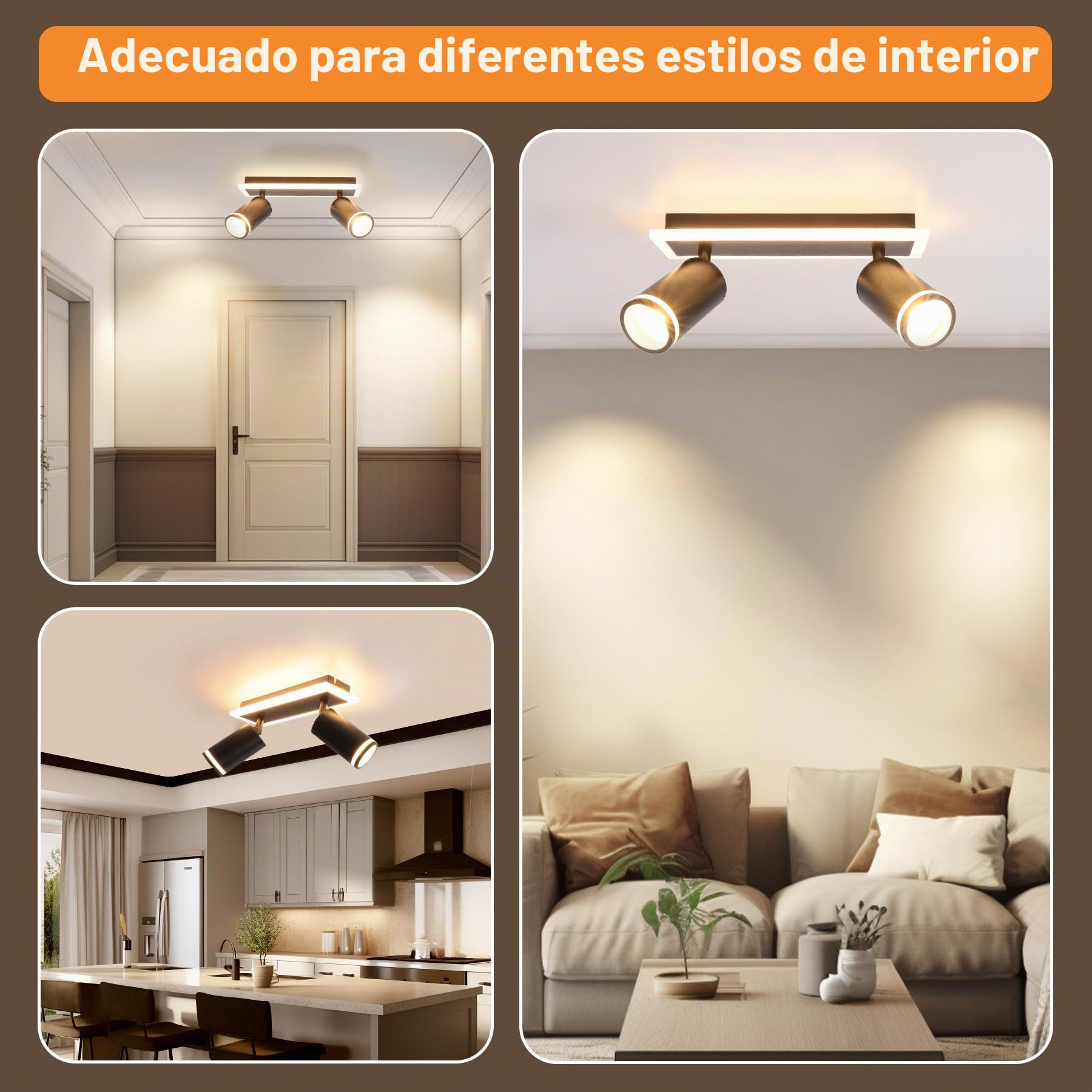 Lámpara de Techo 2 Focos Orientable Negro, Moderno Plafones de Techo con Luz Inferior 8W+ 2x5W GU10, Blanco Cálido 3000K, Foco de techo LED Para Cocina, Sala de estar, Dormitorio