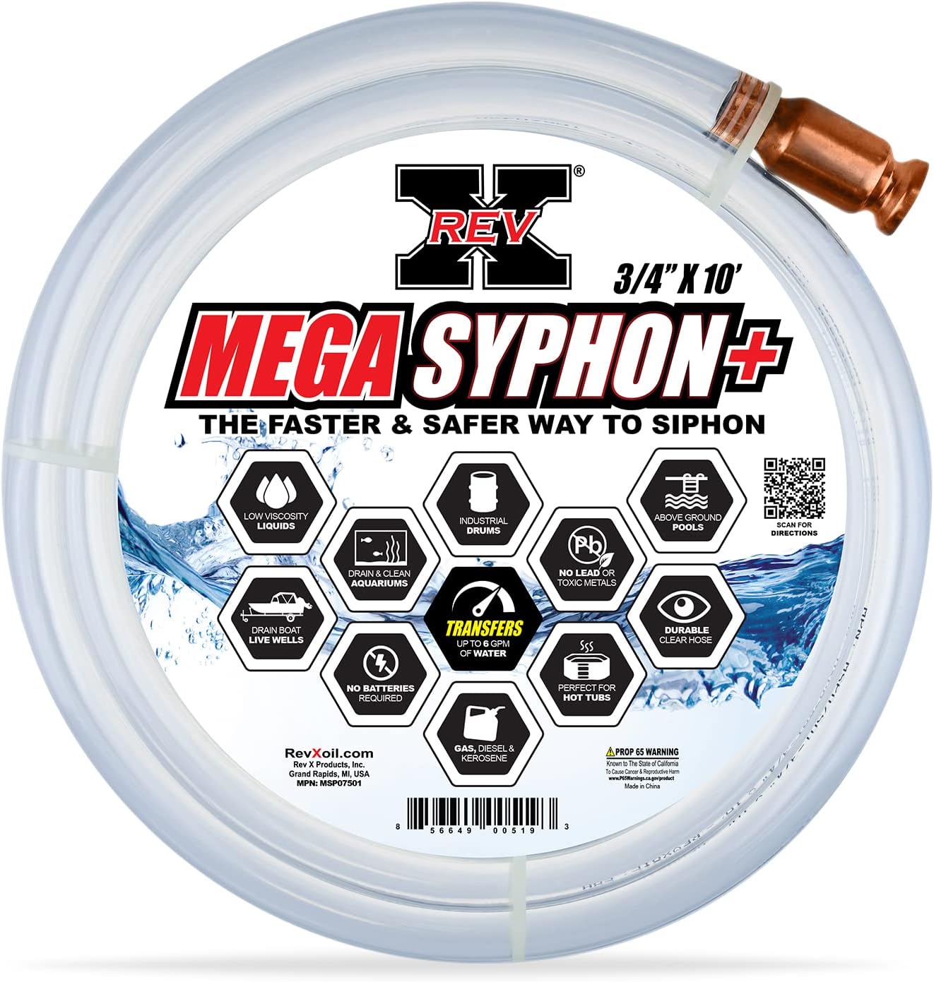 REV X Mega Syphon - 3/4" x 10 Foot Long Self Priming Safe Siphon Hose for Water, Gas, Fuel, Diesel