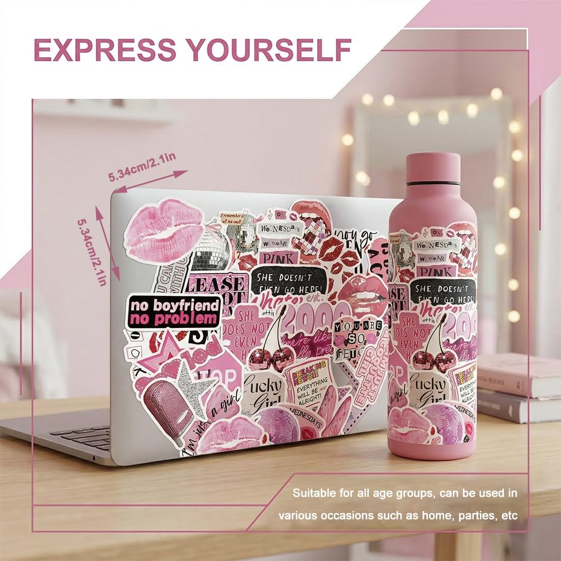 50 Pezzi Y2K adesivi stickers aesthetic eleganti adesivi per computer portatili bottiglie d'acqua moto e altro ancora design hip hop e graffiti per bambini e adulti（Rosa）