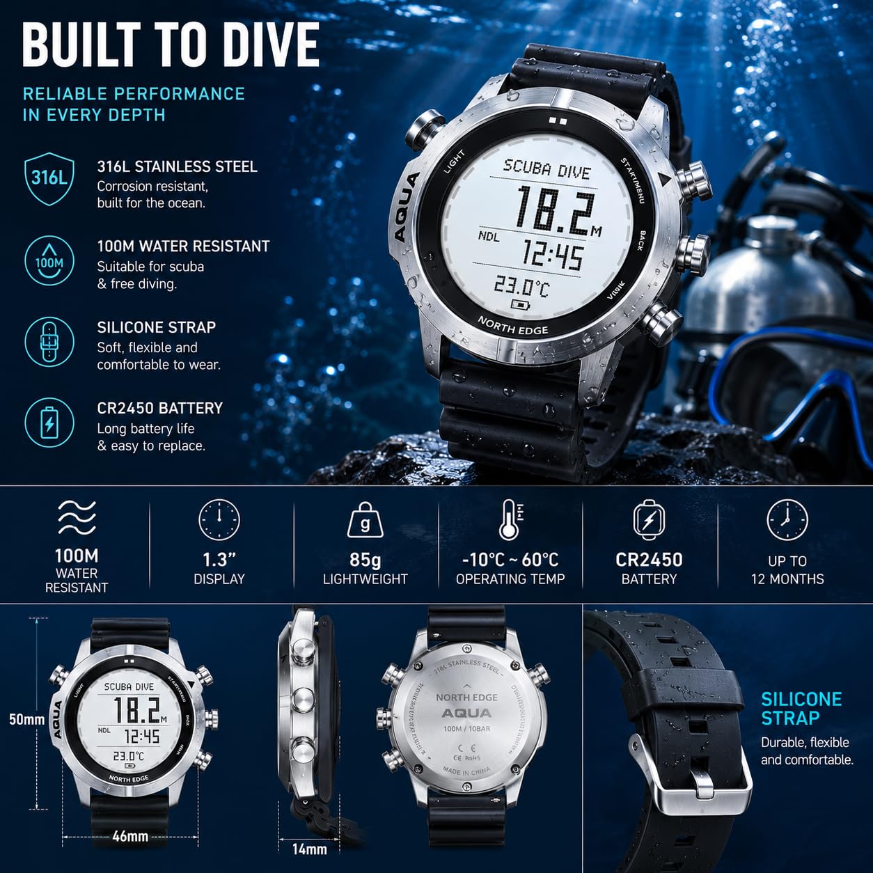 NORTH EDGE Aqua Montre d'ordinateur de plongée Professionnelle pour Homme Plongée sous-Marine 50M Montres de plongée avec Journal de plongée Altimètre Baromètre Boussole
