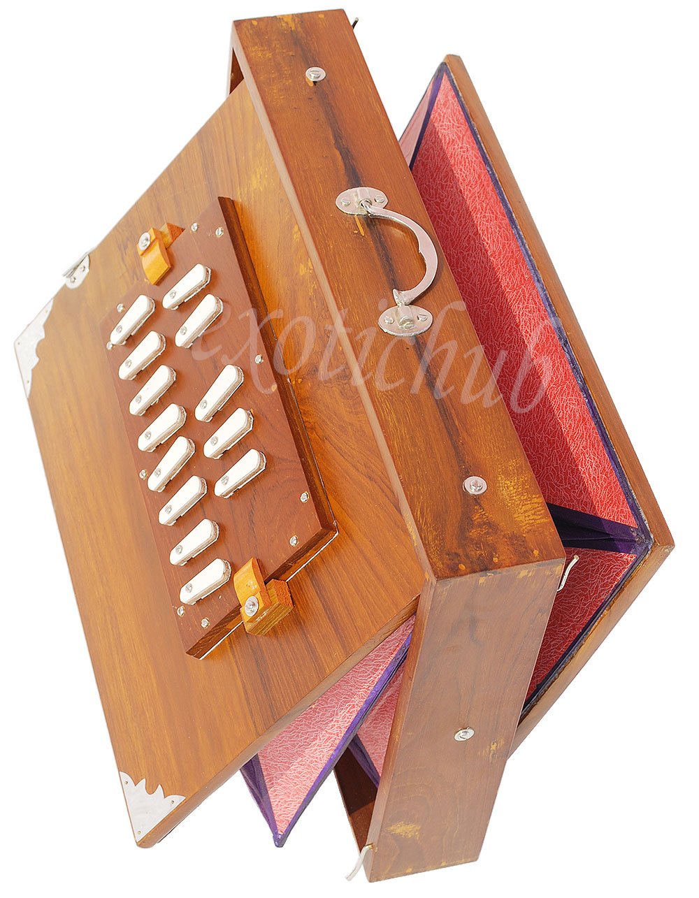 Shruti-Box aus Teakholz (40,6 x 30,5 x 7,6 cm), gestimmt auf: 440 Hz, Gigbag, Farbe: natürliches Teakholz, Tonart: -C zu C (niedriger Ton: Rohrblatt - Stecktyp), Sur Peti, Yoga, Bhajan, Kirtan, DJ