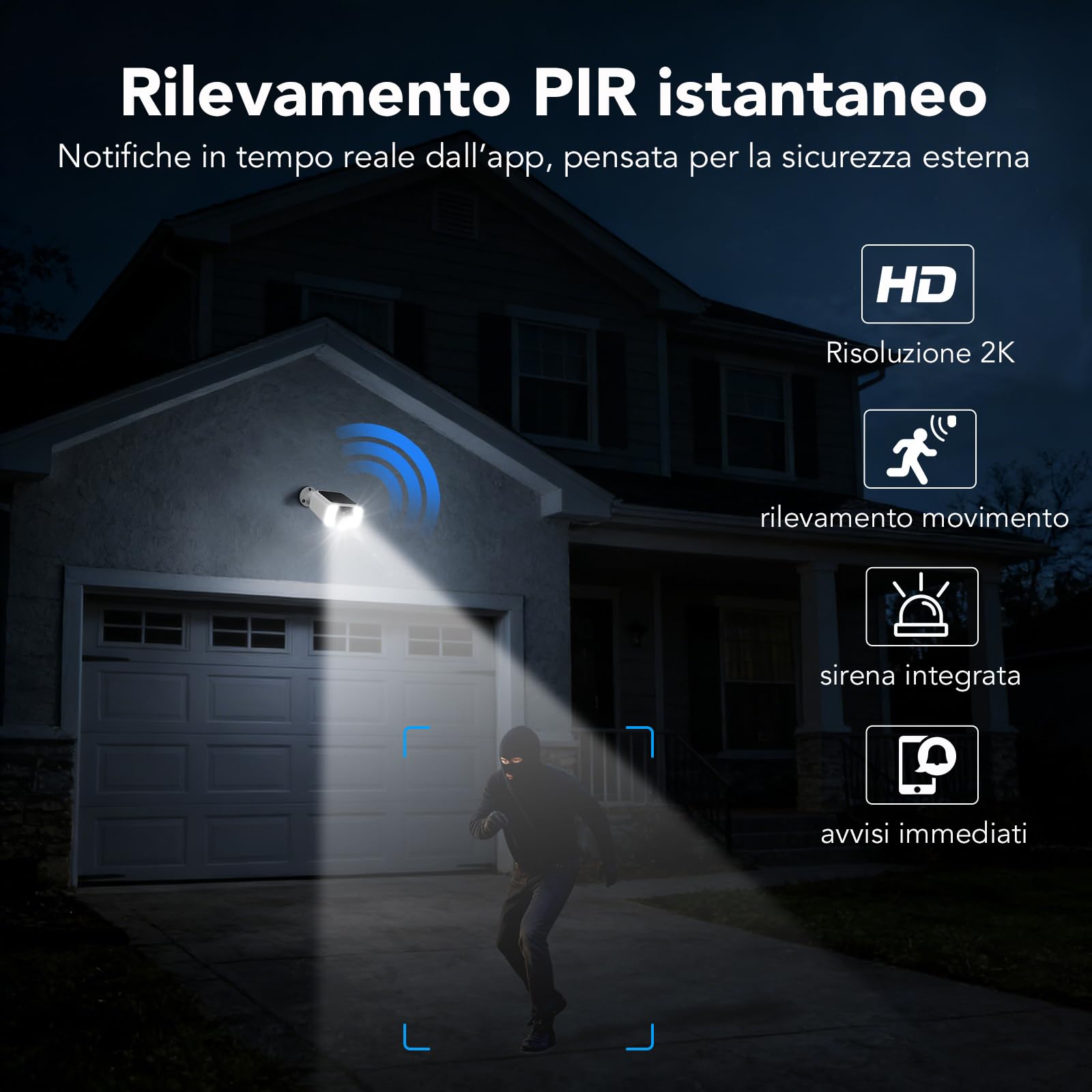 GNCC 2K 4MP Telecamera Wifi Esterna Senza Fili con Pannello Solare, 2.4/5GHz WiFi Videocamera Sorveglianza da Esterno, Visione Notturna a Colori, Allarme, PIR, Audio Bidirezionale, Compatibilità Alexa