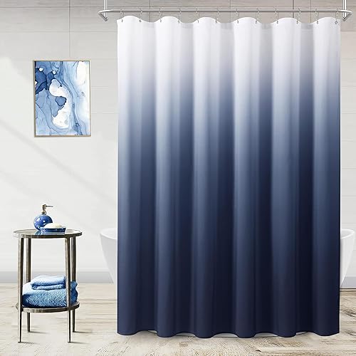 Navy Blue and White Shower Curtains for Bathroom, Ombre Indigo