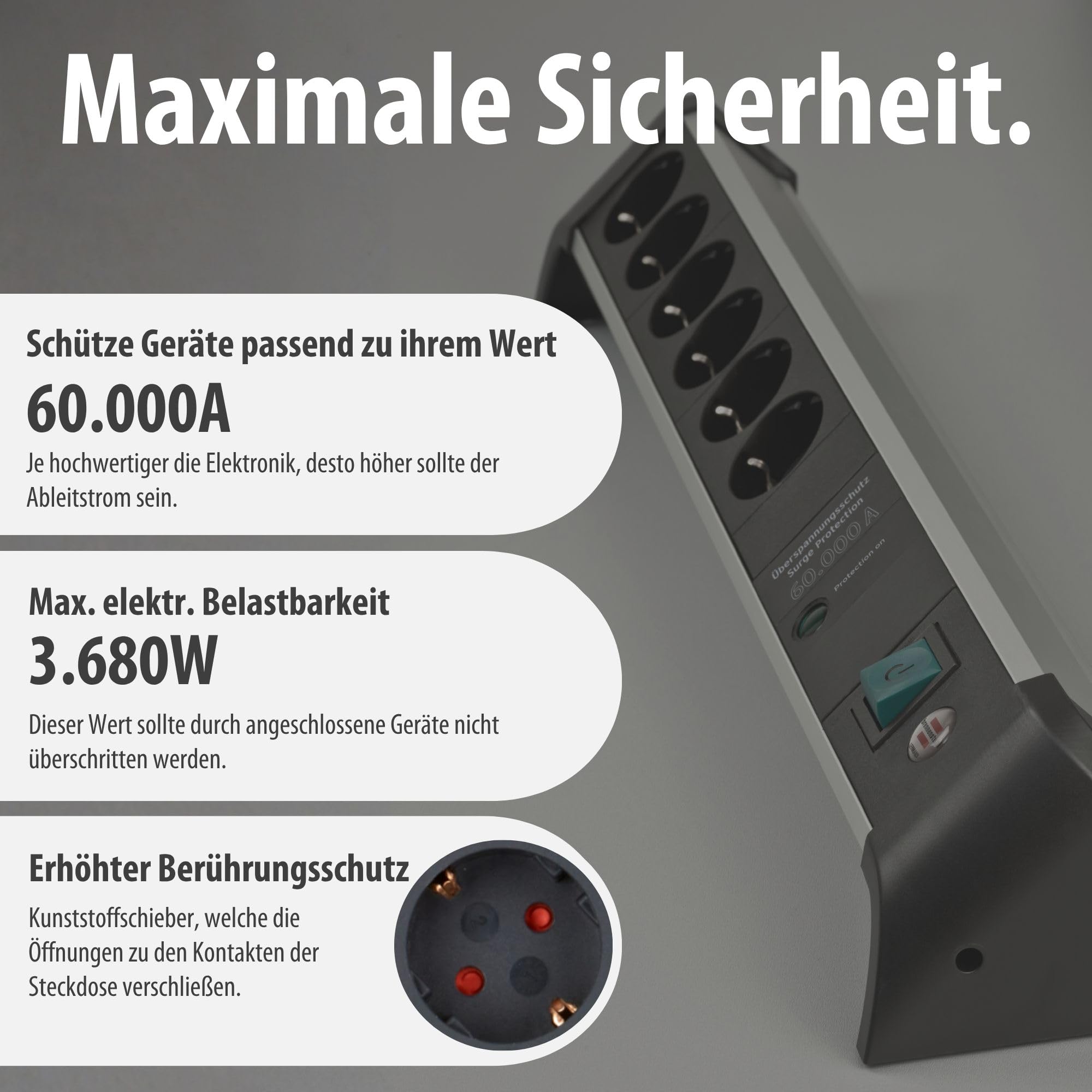 Brennenstuhl Alu-Office-Line Steckdosenleiste 6-Fach, 3m | Mit Überspannungsschutz, Mehrfachsteckdose mit Schalter, Made in Germany