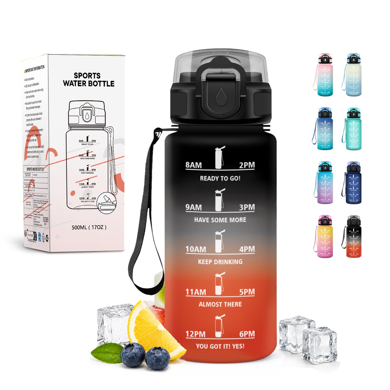 JAPORIA 500ml Water Bottle Reusable Bottle Marcador de Tiempo Water Bottles with Straw Leak Proof Ideal for Camping, Cycling, Hiking, Traveling