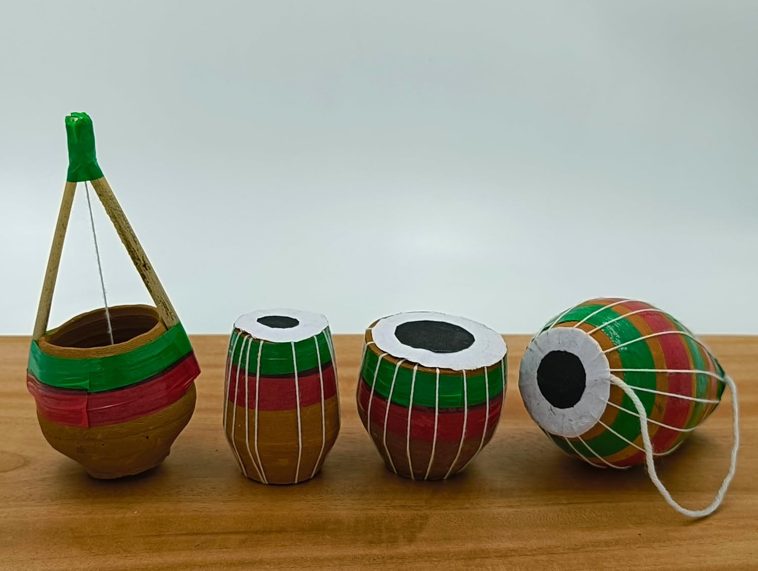 Handcrafted Terracotta Clay Musical Instrument Showpiece Set, 1 Tabla Set, 1 Ektara, 1 Dhol, 3 Colours, Ideal for TV Unit, Showcases, Corner Shelves and Gifting (Green & Red)