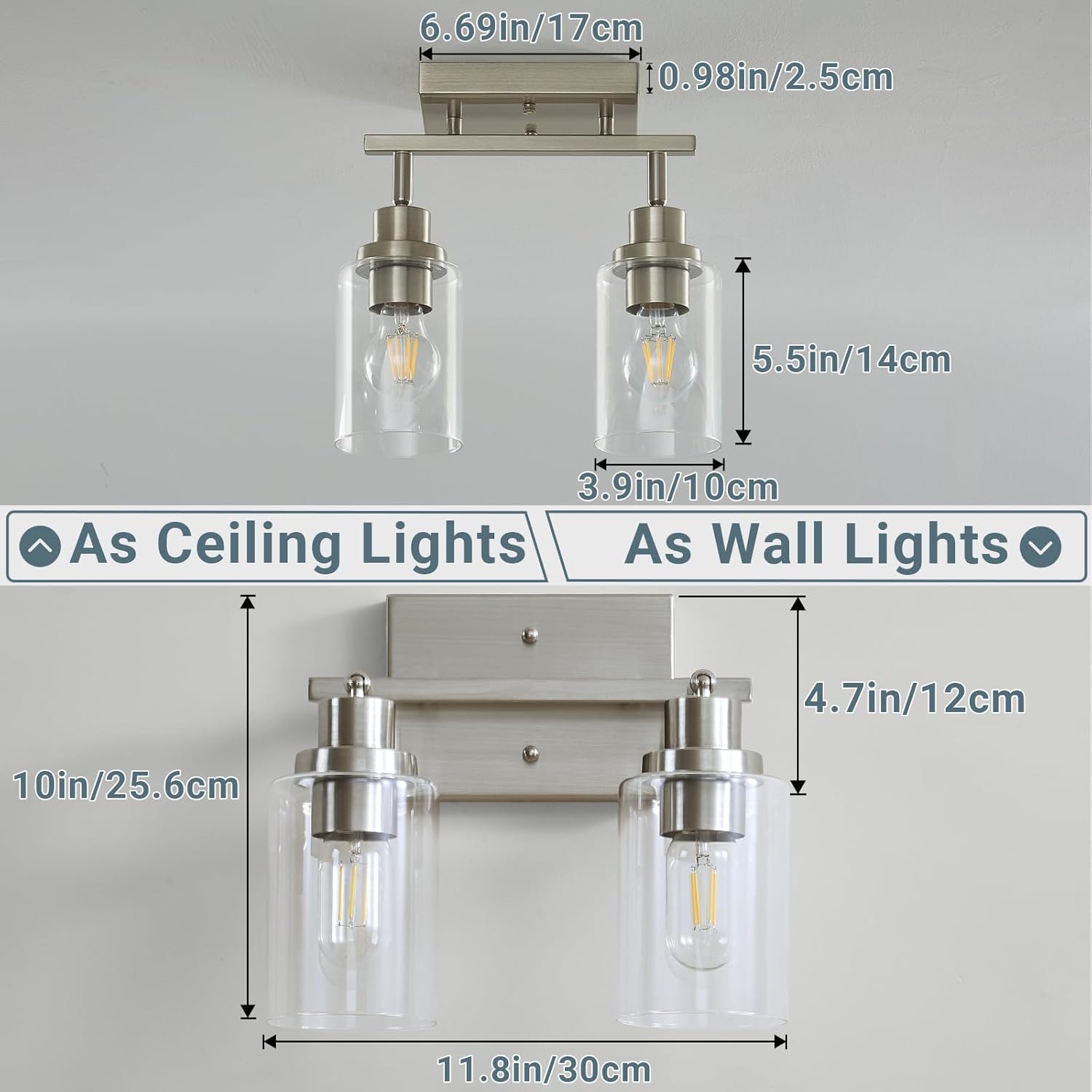 LOUSACE 2 Light Brushed Nickel Bathroom Vanity Track Light Fixtures Ceiling Mount Kitchen Track Lighting Kit with Clear Glass Shade, Modern Wall Ceiling Rotatable Tracking Light Heads for Accent Shop