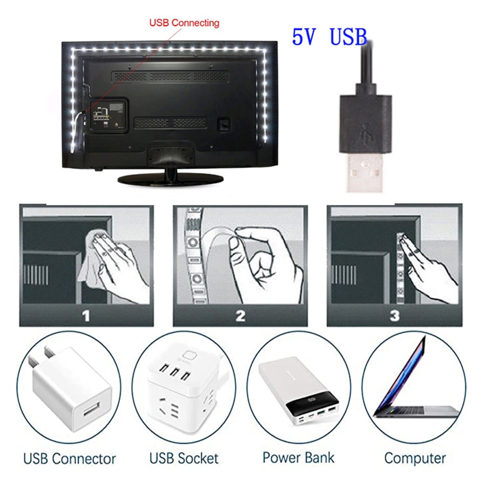 Bande lumineuse LED RVB USD flexible 2835 0,5 m - 5 m - Ruban de décoration LED DC5 V pour fête, chambre à coucher, rétroéclairage TV (blanc chaud)