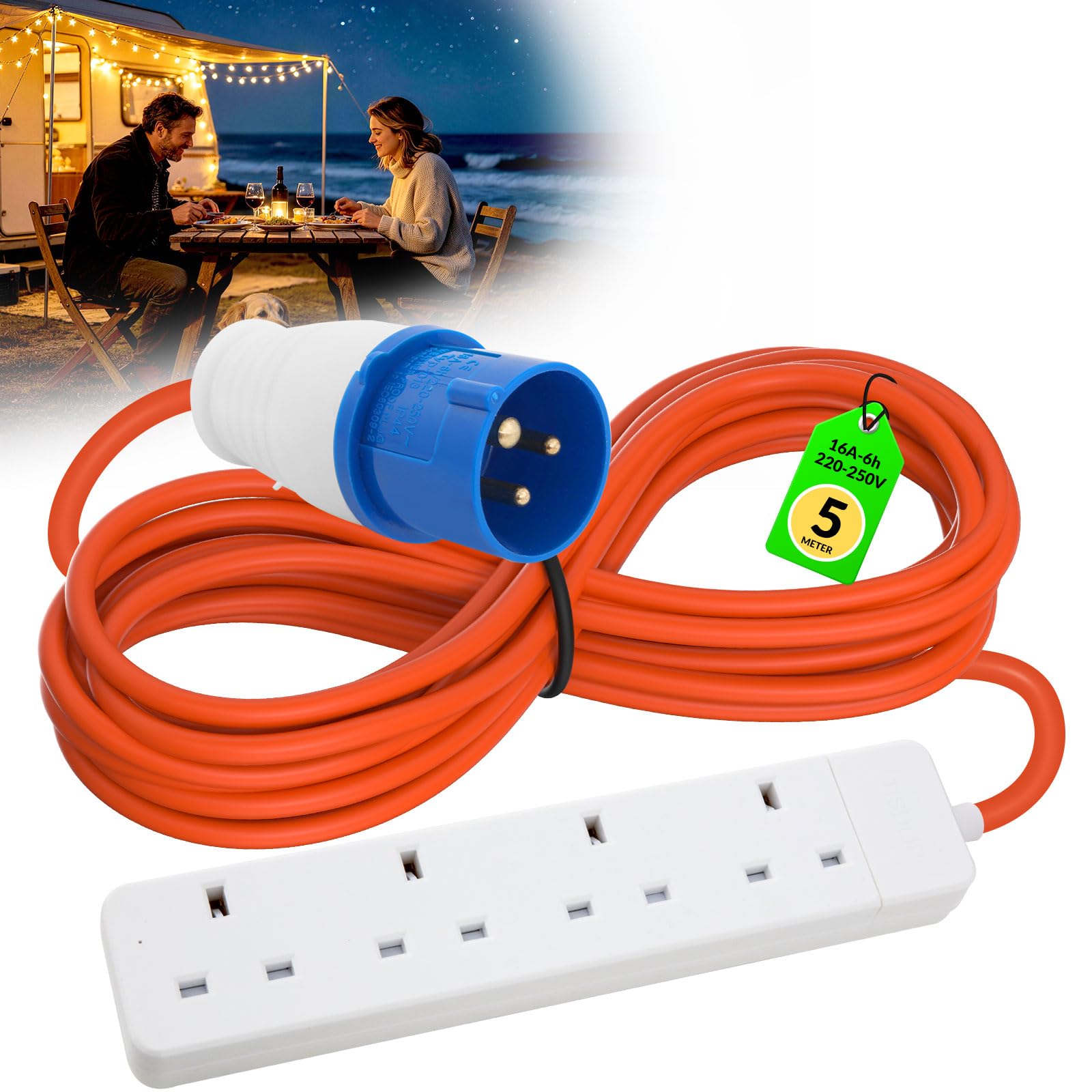 4 Gang Caravan Hook Up Cable 5m, 16A to 13A Heavy Duty 250V Extension Lead