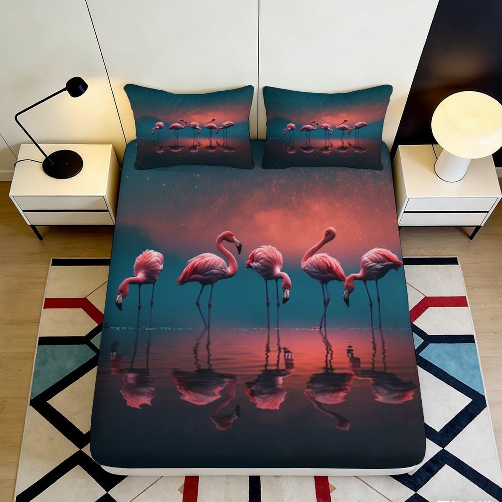 3D Printed Flamingo Pattern Fitted Sheet Microfiber Soft Breathable Sunset Reflection Bed Cover for Bedroom Dormitory Guest Room Mattress Protection 140x200x25cm