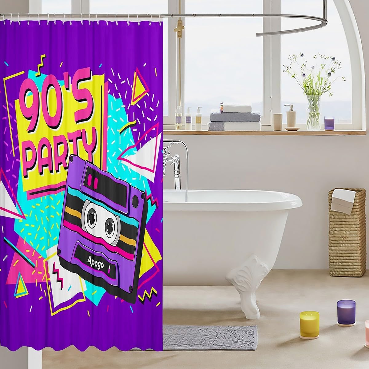 Retro 90S Music Party Shower Curtain For Kids 72"Wx72"L,Cassette Tape Geometric Memphis Bathtub Curtain Vintage 90S Hip Hop Hippie Hipster Bathroom Curtain Funky Fashion Curtain Sets Colorful image 3