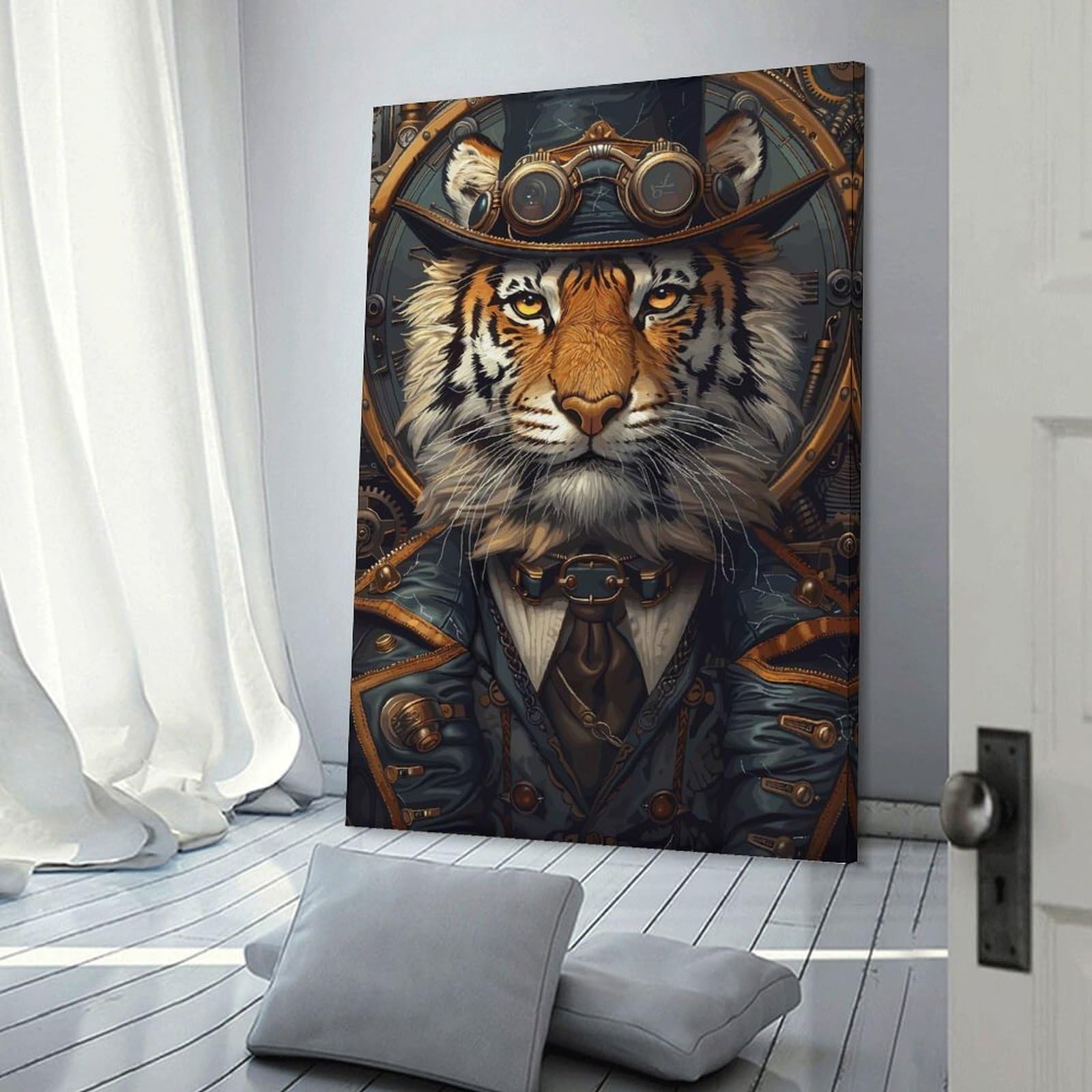 Junmoney Canvas Wall Picture Steampunk Animal Tiger, 24x36inch(60x90cm), for Gallery Wall Decor And Room Displays, Decorative Artwork with Flexible Styling