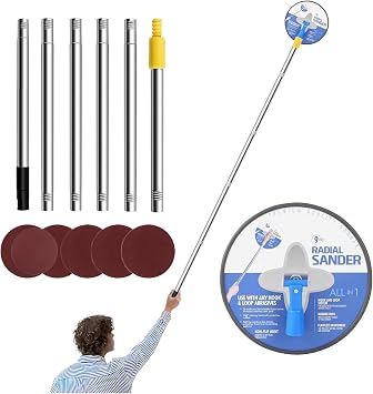 9 Inch Drywall Pole Sander for Walls - 360 Rotating Tool | Aluminum Alloy Radial Polishing Equipment with 180cm Extension and 6 Sanding Sheets for Home Decor