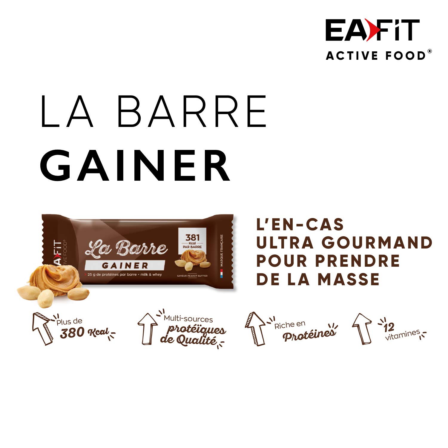 EAFIT La Barre Gainer 25g protéines 381 calories 16x90g Peanut Butter