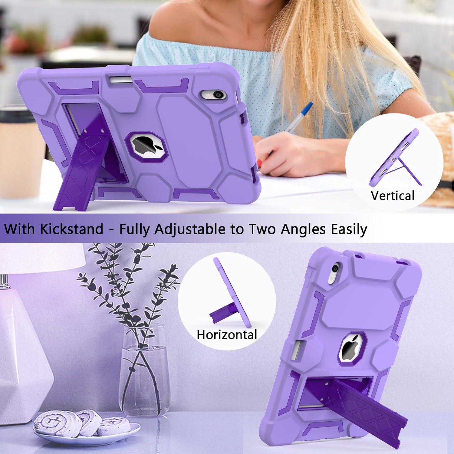 CCMAO Case for iPad (A16) 11th/10th Generation(2025/2022), iPad 10th Case with Kickstand & Pencil Holder, Heavy Duty Shockproof Hybrid Three Layer Protective Cover for Girls Women, Light+Dark Purple