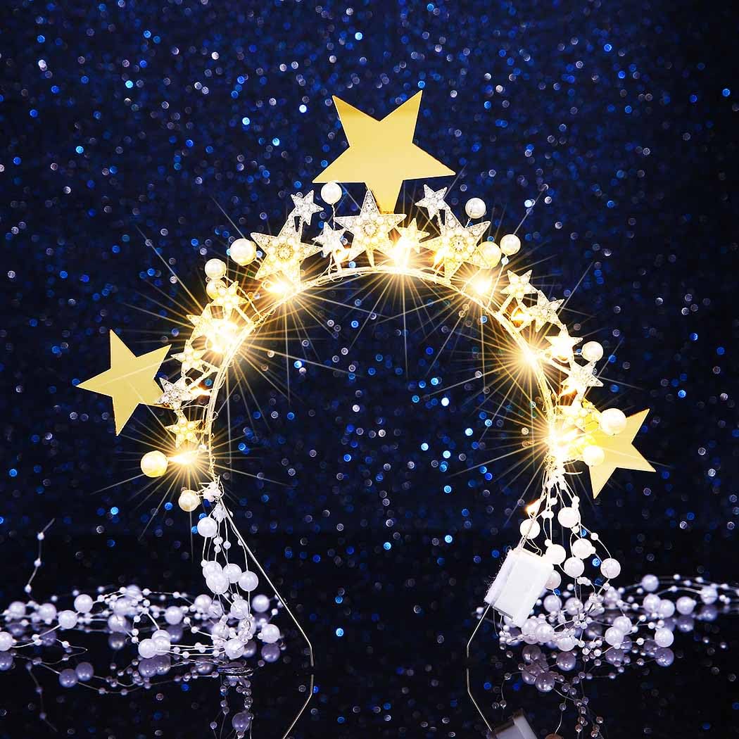 Reaky Light Up Star Halo Crown Led Gold Rhinestone Headpiece Goddess Pearl Headband Carnival Hair Accessories for Women - Image 2