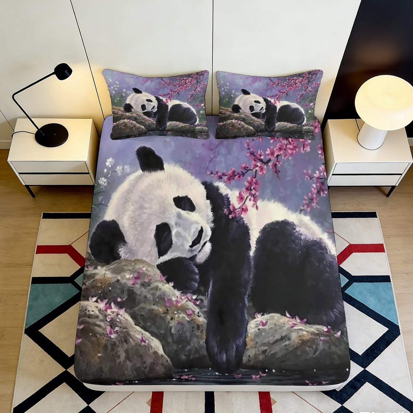 3D Printed Panda Forest Fitted Sheet Microfiber Soft Breathable Cherry Blossom Bed Cover for Bedroom Guest Room Decor 90x200x25cm
