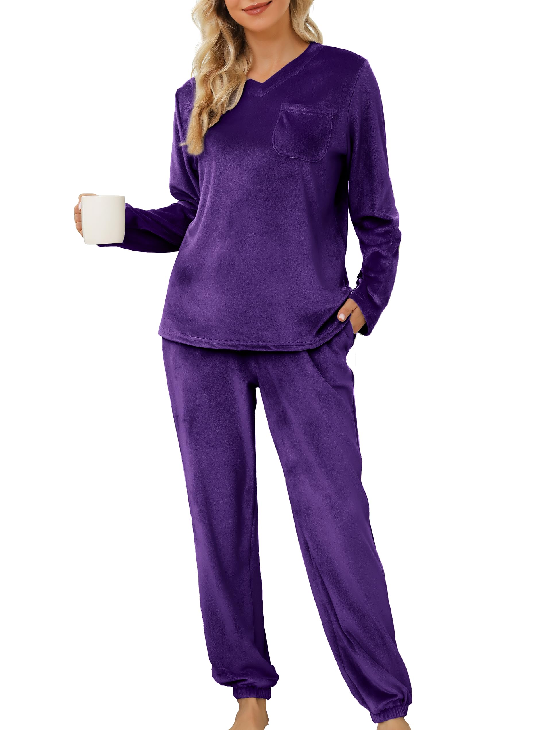 Lovasy Pigiama Donna in Pile Invernale Caldo Morbido e Confortevole | Pigiama a Maniche Lunghe con Scollo a V Set Pigiami Due Pezzi Leggero con Tasche