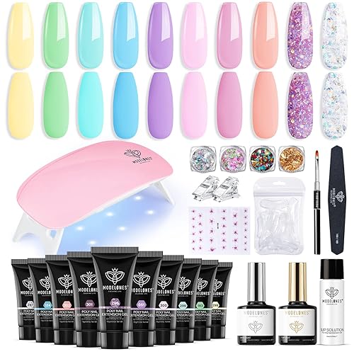 Modelones Kit de iniciación de gel de uñas de polietileno, 59 piezas, 10 colores brillantes de verano, rosa, amarillo, verde, macarrón, kit de gel