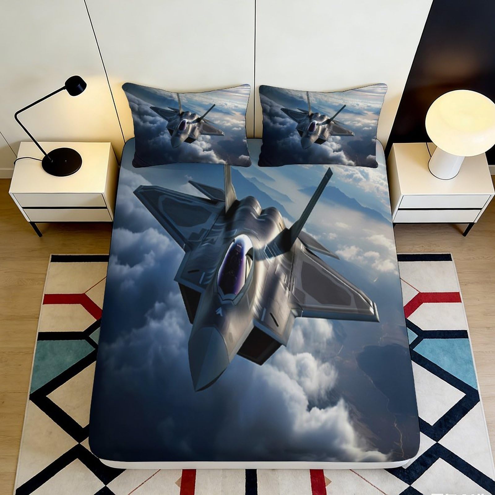 3D Printed Fighter Jet Fitted Sheet Microfiber Soft Blue Sky Aircraft Bed Cover for Bedroom Guest Room Dorm Mattress Protection 90x200x25cm