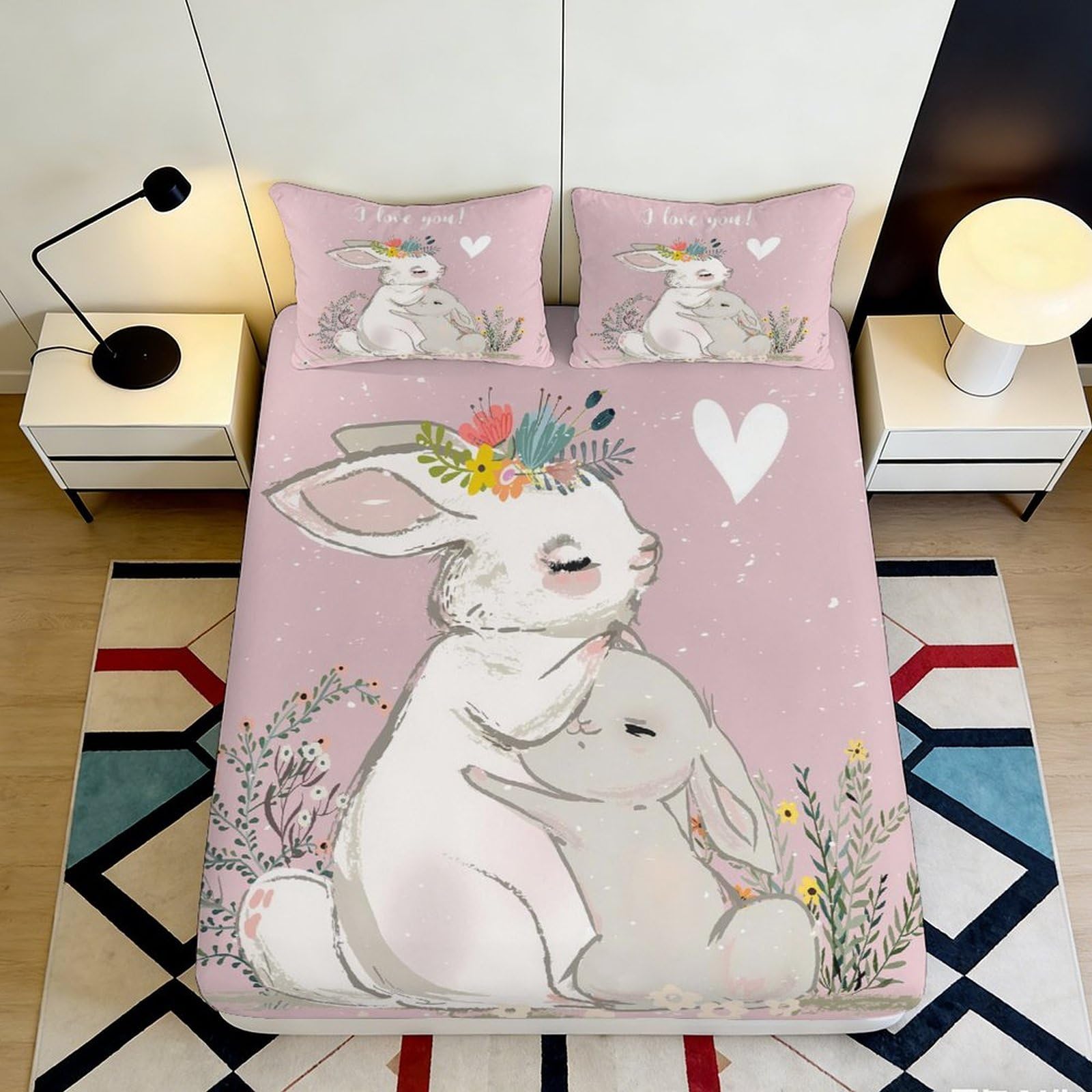 3D Printed Cute Bunny Fitted Sheet Microfiber Soft Breathable Rabbit Hug Mattress Cover for Bedroom Dormitory Guest Room Protection Decoration 90x200x25cm