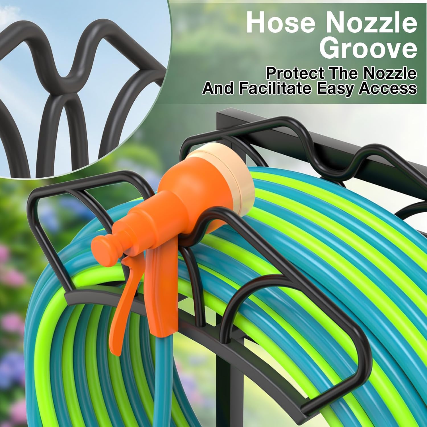 Qatsrin Upgraded Garden Hose Holder with Large Basket, Heavy Duty Water Hose Holder Supports 160-ft Hoses, Freestanding Detachable Hose Stand Storage Reel Hanger Rack for Yard Lawn Farm