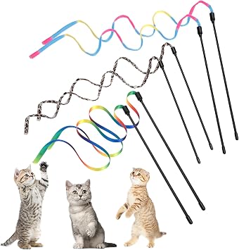 Amaxiu Cat Wand Toy Set, Interactive Cat Wand Toys with Rainbow and Leopard Print Cloth Strings for Small Cats and Kittens - Indoor Training Catcher 6 Packs
