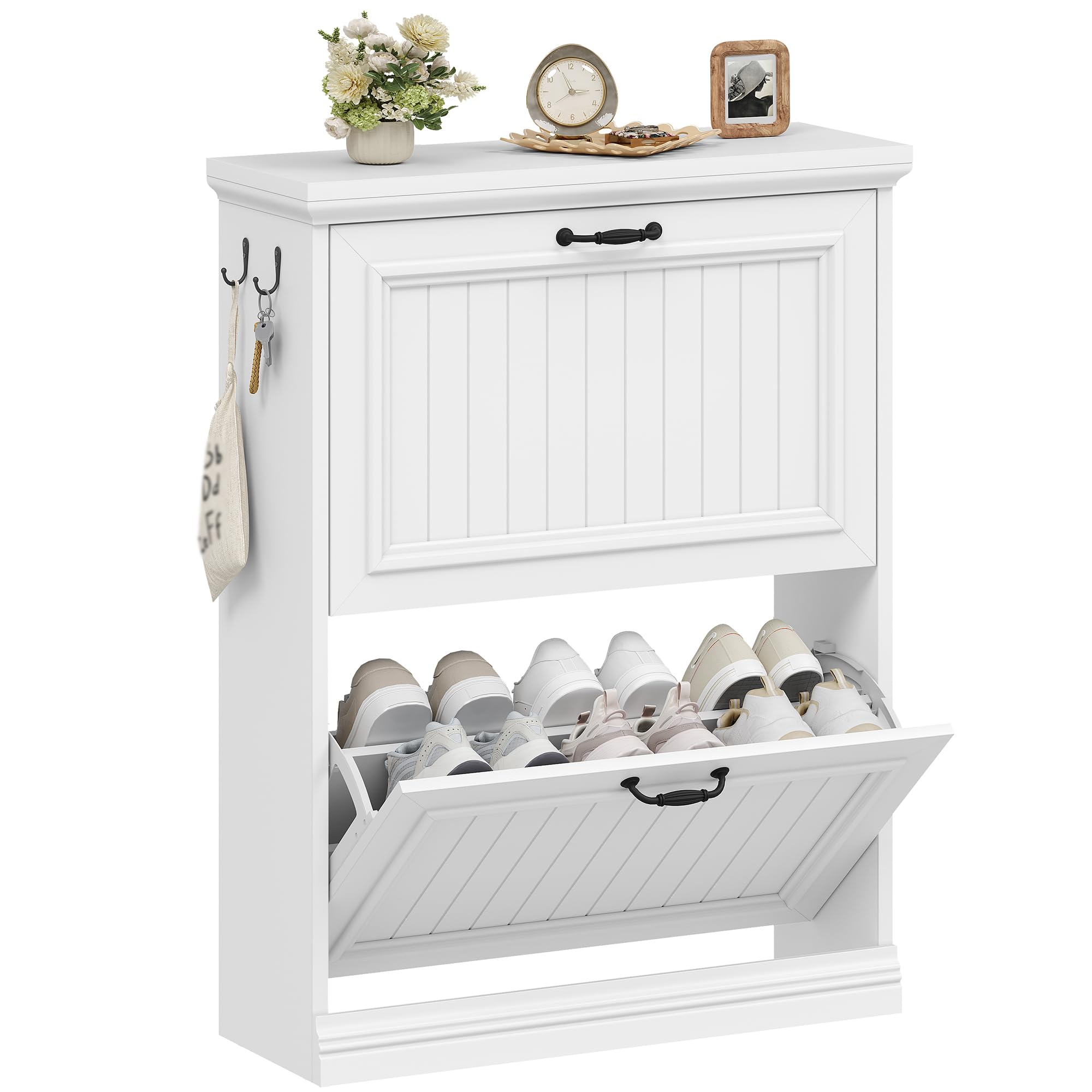 Hzuaneri Shoe Cabinet with 2 Flip Drawers, wooden shoe cabinet, Adjustable Dividers, 12-14 Pairs, Space-Saving Slim Cupboard, shoe cabinet storage hallway, Entryway, 24 x 75 x 92cm, White SR60303X