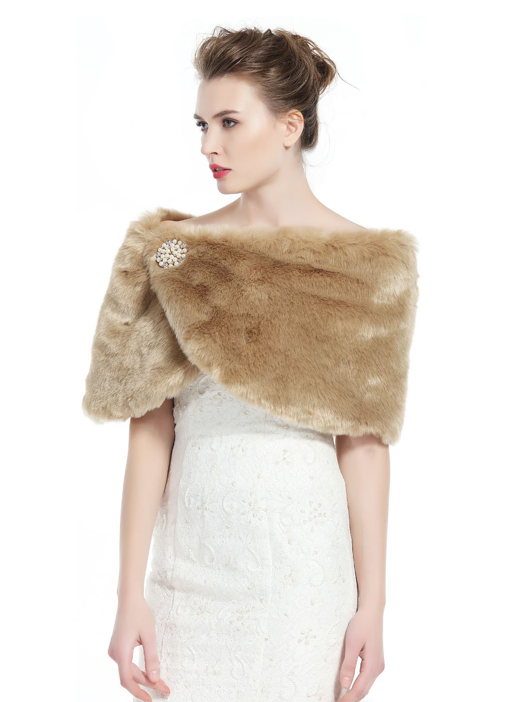 BEAUTELICATE Faux Fur Wrap Shawl Women’s Shrug Bridal Bridesmaid Stole for Winter Wedding Party Evening (One Size, Khaki)