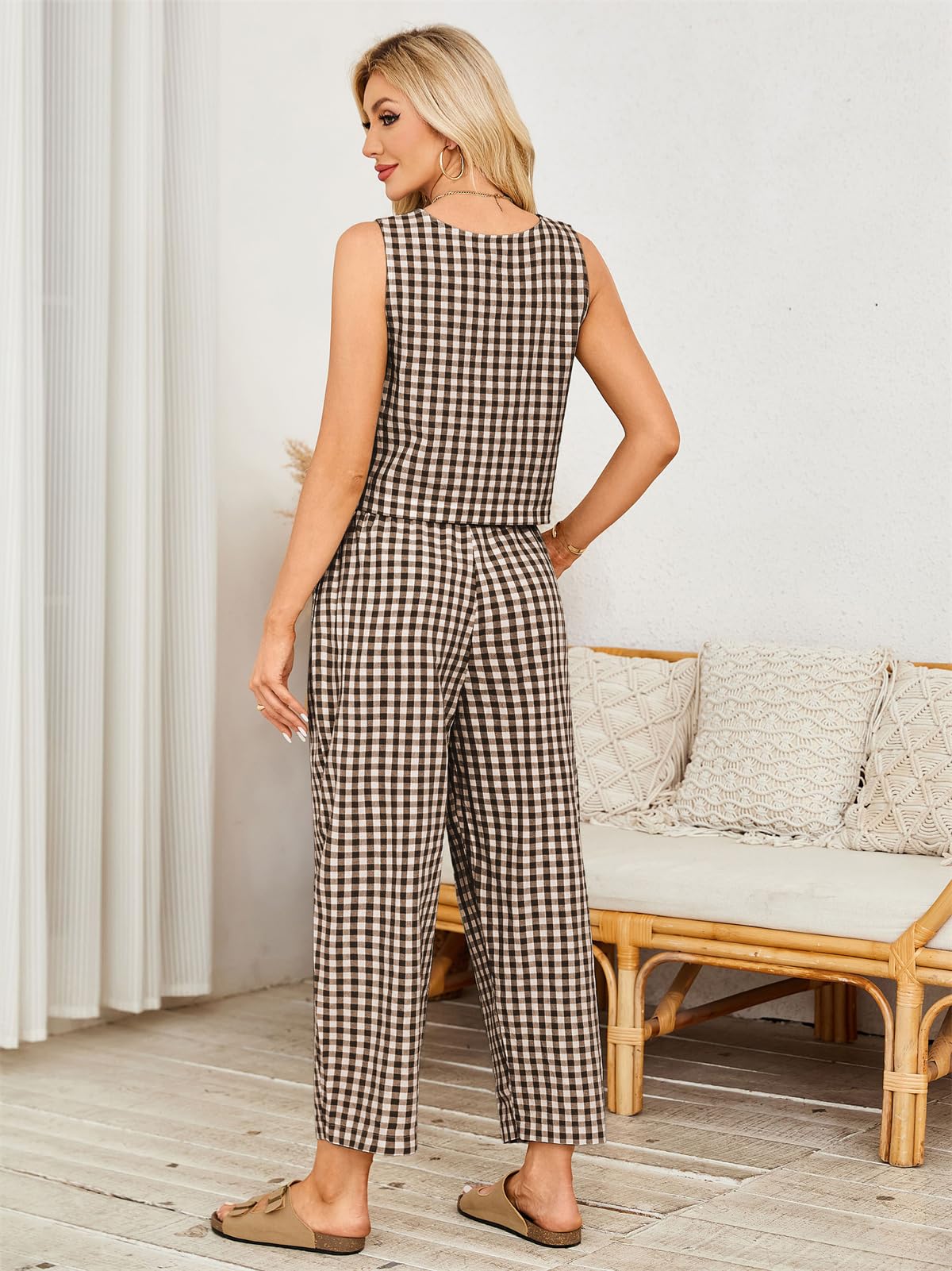 SotRong Gingham - Conjunto de dos piezas de verano para mujer, ajuste holgado, a cuadros, patrón a cuadros, ropa de ocio, cuello redondo, sin mangas, cintura alta, pantalones recortados, elegante, Y2k