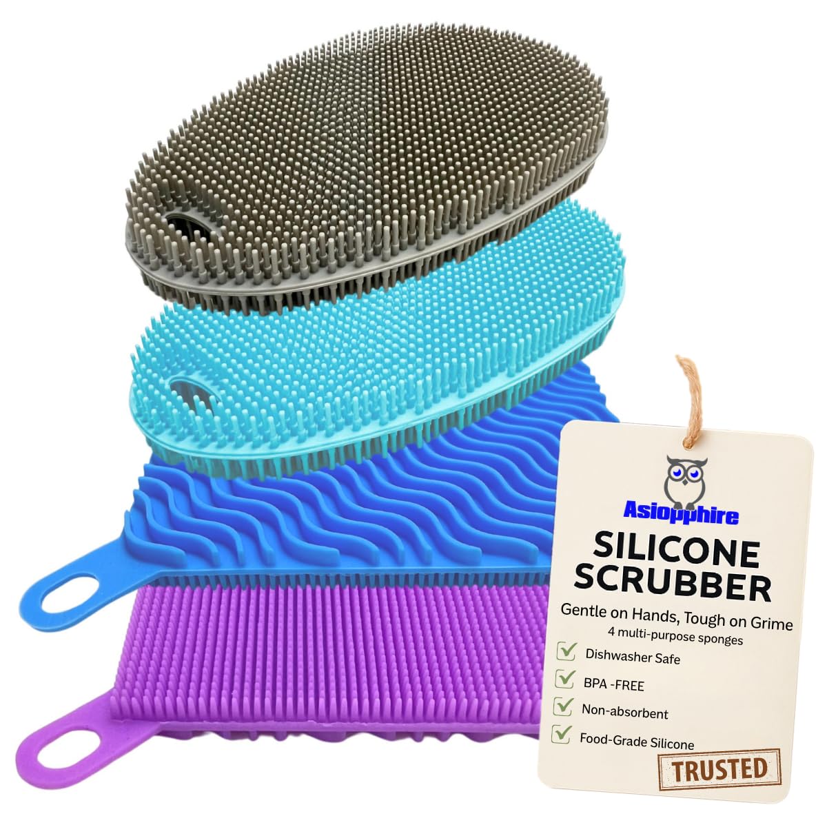 Silicone Sponges for Dishes - 4 Pack Dual-Sided Dish Scrubber and Sponge - Food Grade, BPA Free Silicone Dish Sponge & Housecleaning