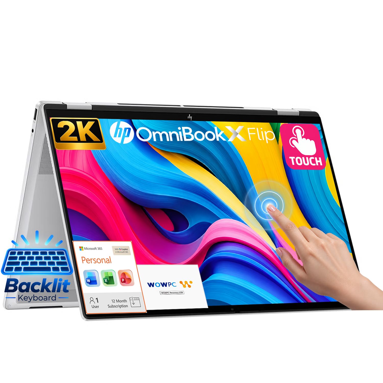 HP OmniBook X Flip 16 2-in-1 Laptop, 16" 2K Touchscreen, AMD Ryzen 5 220(> i7-1355U), 8GB LPDDR5 RAM, 512GB SSD, AMD Radeon 740M Graphics, Backlit Keyboard, Win 11 Home, MS 365 for the Web, WOWPC USB