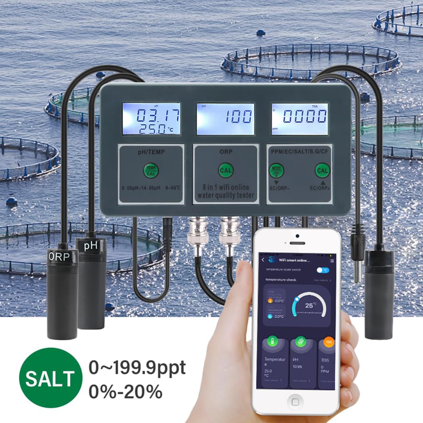 Tester digitale WiFi 8 in 1 per la qualità dell'acqua – PH, EC, TDS, ORP, SALE, S.G, TEMP, CF Meter per acquari, piscine, idroponica, spa