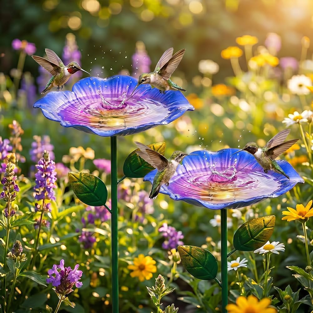 sloiaz Handmade Metal Flower Garden Stake, Colorful Butterfly Bee Water Feeder Bird Bath Bowl, Hummingbird Fountain Bee Watering Station Outdoor Yard Garden Decor(Purple,2PCS)